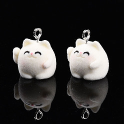 Белый Дым Кулоны из флокированной смолы, кот с платиновой железной петлей, серый, 18~19x16.5x15.5 мм, отверстие : 2 мм