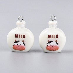 (404) Непрозрачное AB Кислое яблоко Печатные подвески из непрозрачной смолы, молочный шарм, с платиново-железными петлями, цветочный белый, 25.5~26x19.5~20x9~9.5 мм, отверстие : 2 мм