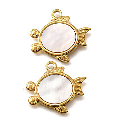 Fish 304 подвески из нержавеющей стали с натуральными белыми ракушками, прелести морских животных, золотые, ионное покрытие (ip), рыба, 23.5x26x2 мм, отверстие : 2.5 мм