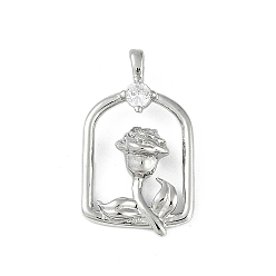 Платинированный Латунные микро проложить кубического циркония подвески, без кадмия, без никеля и без свинца, клетка с розой, Реальная платина, 23x14x5.5 мм, отверстие : 1.5 мм