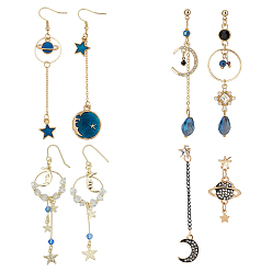 Золотой 4 комплект 4 стильные серьги-подвески из сплава и серьги-гвоздики, асимметричные серьги с пластиковыми бусинами, эмалью и стразами, планета, луна и звезда, золотые, 35~90x13~22 мм, 1 набор / стиль