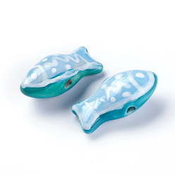 Небесно-голубой Ручной печатный шарики фарфора, рыба, голубой, 20~22x10x8~9 мм, отверстие : 1.4 мм
