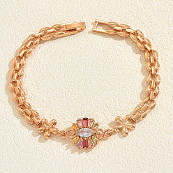 Разноцветный Женские браслеты из латуни с кубическими циркониями, цветок, золотые, красочный, внутренний диаметр: 7-1/4 дюйм (18.5 см)