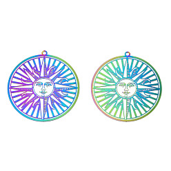 Rainbow Color Ионное покрытие (ip) 201 большие филигранные подвески из нержавеющей стали, гравированные металлические украшения, солнце, Радуга цветов, 50x47x0.2 мм, отверстие : 1.8 мм