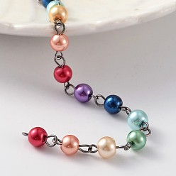 Gunmetal Brass Handmade Glass Pearl Beaded Chains, Unwelded, For Necklaces Bracelets Making, Gunmetal, 39.3 inch