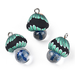 Морской Синий Полимерной глины ручной работы подвески, с лэмпворком и железной петлей с платиновым напылением, гриб, Marine Blue, 24~29x15~17x15~17 мм, отверстие : 2~3 мм