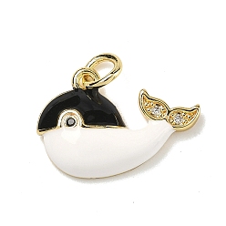 Белый Латунные микропаве прозрачные подвески с фианитом, прелести кита, с эмалью, без свинца и без кадмия, стойки покрытие, долговечный, реальный 18 k позолоченный, с целью перехода в кольце, белые, 12.5x18x3 мм, отверстие : 3 мм