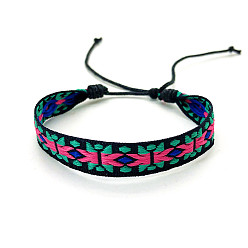 Hot Pink Bohemia Polyester Braided Flat Cord Bracelet, Adjustable Bracelet for Women, Hot Pink, 6-1/2~9-7/8 inch(16.5~25cm)