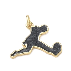 Black Brass Enamel Pendants, Human with Football Charms, Cadmium Free & Lead Free, Rack Plating, Long-Lasting Plated, Real 18K Gold Plated, Black, 16x21.5x1.5mm, Hole: 3.5mm