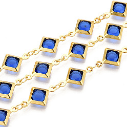 Морской Синий Латунные ромбозвенные цепи, со стеклом, пайки, с катушкой, долговечный, золотые, Marine Blue, 15x9x2.5~3 мм, около 32.81 футов (10 м) / рулон