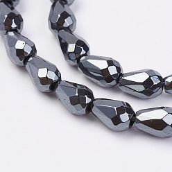 Non-magnetic Hematite Non-magnetic Synthetic Hematite Beads Strands, Beads Strands, teardrop, Faceted, 8x5mm, Hole: 1mm, about 51pcs/strand, 15.7 inch