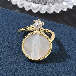 Human Brass Micro Pave Clear Cubic Zirconia Cuff Open Rings, with White Shell, Flat Round, Long-Lasting Plated, Rack Plating, Lead Free & Cadmium Free, Real 18K Gold Plated, Virgin Mary, 17mm