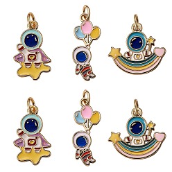 Mixed Color 6Pcs 3 Style Eco-Friendly Brass Enamel Pendant, with Jump Rings, Long-Lasting Plated, Real 18K Gold Plated, Astronauts, Mixed Color, 16~24x10~17.5x1.5~2mm, Hole: 3.4mm, 2pcs/style