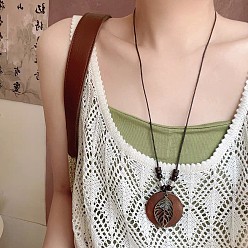 Лист Сплав и дерево диск лист кулон замшевый шнур длинные ожерелья, античная бронза, кокосового коричневый, лист, 27.56 дюйм (70 см)