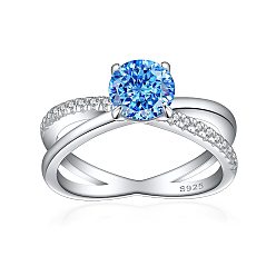 Озёрно--синий 925 Кольца с простой полосой из стерлингового серебра с микропаве и кубическим цирконием, Реальная платина, плоско-круглые, Плут синий, размер США 7 (17.3 мм)