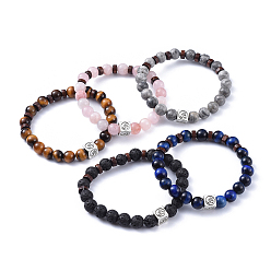 Смешанные камни Природные смешанные камень браслеты простирания, с деревянными бусинами и бусинами из тибетского сплава, куб с символом ом, 2-3/8 дюйм (5.9 см)