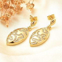 Настоящее золото 18K Серьги-гвоздики из латуни с покрытием «конский глаз» с микропаве из прозрачного кубического циркония для женщин, без кадмия и без свинца, долговечный, реальный 18 k позолоченный, 33x13 мм