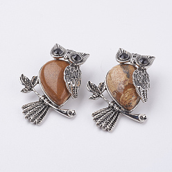 Пейзажный Джаспер Естественного изображения яшмы подвески, Сплав с поиска, сова, античное серебро, 46.5x35.5x11.5 мм, отверстие : 6x8.5 мм