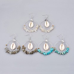 Смешанные камни Кристалл драгоценный камень мотаться серьги, с оболочкой из каури и гальваническим немагнитным гематитом, латунная фурнитура, 66 мм , штифт: 0.7 мм