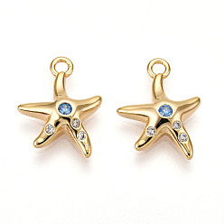 Настоящее золото 18K Латунные микро проложить кубического циркония прелести, морская звезда, реальный 18 k позолоченный, 13.5x10.5x3 мм, отверстие : 1.4 мм