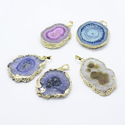 Mixed Color Natural Druzy Agate Pendants, with Brass Finding, Dyed, Nuggets, Golden, Mixed Color, 41~53x29~37x5~8mm, Hole: 5x6mm