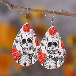 Белый Серьги из искусственной кожи на Хэллоуин, с серьгами из нержавеющей стали и крючком, слеза с черепом, платина, белые, 75x35 мм