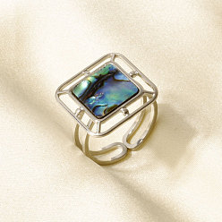 Нержавеющая Сталь Цвет 304 Открытые кольца-манжеты из нержавеющей стали с натуральными ракушками для женщин, квадратный, цвет нержавеющей стали, 17 мм, внутренний диаметр: 17 мм