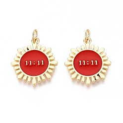 Красный Латунь эмаль подвески, с целью перехода в кольце, плоский круглый с 11:11 подвеской, реальный 18 k позолоченный, красные, 20x17.5x2 мм, отверстие : 3 мм