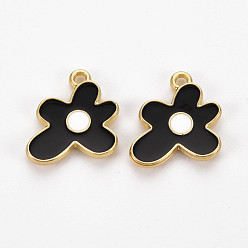 Black Rack Plating Light Gold Alloy Enamel Pendants, Cadmium Free & Lead Free, Flower, Black, 17x16x2mm, Hole: 1.6mm