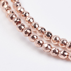 Rose Gold Plated Non-magnetic Synthetic Hematite Bead Strands, Faceted, Round, Rose Gold Plated, 2mm, Hole: 0.5mm, about 190~200pcs/strand, 14.9  inch~15.6 inch