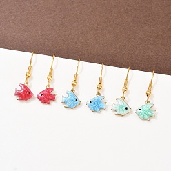 Fish Серия «Океан» 304 серьги-подвески из нержавеющей стали с эмалью, реальный 18 k позолоченный, рыба, 28x10 мм, 3 пар / набор