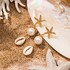 Морская Ракушка Серьги-гвоздики с ракушками из цинкового сплава, в форме раковины с морской звездой, с имитацией жемчуга, цвет морской раковины, 70 мм