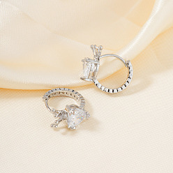 Серебро Модные латунные прозрачные кубические циркониевые серьги-кольца в форме сердца с короной, серебряные, 16x10 мм