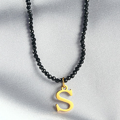 Letter S 304 подвеска из нержавеющей стали с инициалом, ожерелья из граненых круглых бусин черного стекла для женщин, золотые, Письмо с, 15.35 дюйм (39 см)