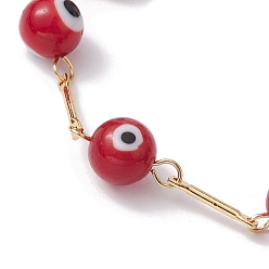Red Lampwork Evil Eye Link Chain Bracelets, with Golden Brass Bar Link Chains, Red, 7 inch(17.8cm)