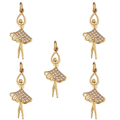 Золотой 5подвески из кубического циркония с покрытием из латуни с микропаве, с прыжковых колец, долговечный, балерина, прозрачные, золотые, 26x11.5x2 мм, Перейти кольцо: 5x1 мм, отверстие : 3 мм