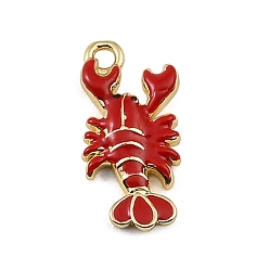 Red Brass Enamel Pendants, Lobster Charms, Rack Plating, Long-Lasting Plated, Cadmium Free & Lead Free, Real 18K Gold Plated, Red, 21x10x3mm, Hole: 1.6mm
