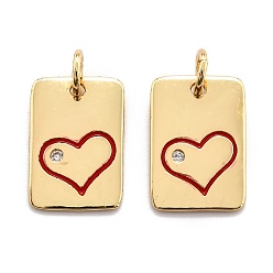 Red Brass Enamel Cubic Zirconia Pendants, Long-Lasting Plated, Rectangle, Golden, Red, 15x10x1.5mm, Hole: 3.6mm