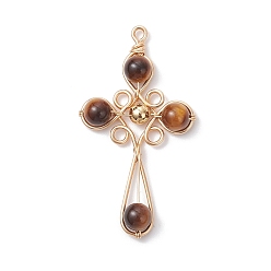 Тигровый глаз 4шт 4 стили натуральный тигровый глаз подвески, крестики-подвески с медной проволокой, обвитой круглыми латунными бусинами, золотые, 49x26x7 мм, отверстие : 2 мм