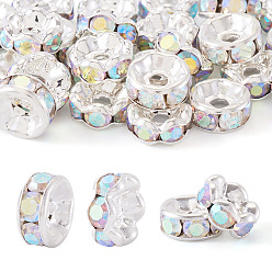 Хрусталь AB 30шт 2 цветные латунные бусины со стразами, прямой фланец, рондель, серебряные, хрусталь AB, 6x3 мм, отверстие : 1 мм, 15 шт / стиль