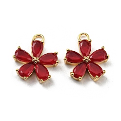 Темно-Красный Настоящие 18 k позолоченные латунные подвески, со стеклом, цветок, темно-красный, 13.5x11.5x3 мм, отверстие : 1.6 мм