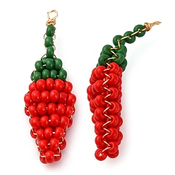 Красный Подвески из стеклянных бусин в виде перца, с настоящей медной проволокой 18 k с золотым покрытием, красные, 44x12x6.5 мм, отверстие : 1.8 мм