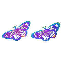 Rainbow Color Ионное покрытие (ip) 201 филигранные подвески из нержавеющей стали, гравированные металлические украшения, бабочка, Радуга цветов, 23x48x0.2 мм, отверстие : 1.5 мм