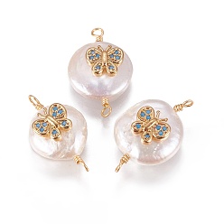 Темно-Голубой Соединители звеньев натурального жемчуга, с кубического циркония и латуни выводов, плоские круглые с бабочкой, золотые, глубокое синее небо, 19~23x10~12x6~9 мм, отверстие : 1.6 мм
