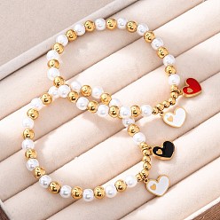 Сердце 201 браслеты из нержавеющей стали с круглыми бусинами, с 304 подвесками из нержавеющей стали и пластиковым искусственным жемчугом, сердце, внутренний диаметр: 1-7/8 дюйм (4.9 см), Кулон : 9.5x12.5x1.5 мм