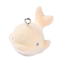 Персиковый Слойка Флокированные подвески из непрозрачной смолы, очарование кита, с железной платиной петлей, розовые, 22.5x24.5x32.5 мм, отверстие : 2 мм