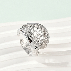 Платина Открытые манжеты из латуни с микропаве и прозрачным цирконием для женщин, без кадмия и без свинца, платина, 21.5 мм, внутренний диаметр: регулируемый