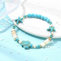 Темно-Голубой Эластичные браслеты для женщин из натуральных пресноводных ракушек, говлита, синтетической бирюзы, опалита и немагнитного гематита., черепаха и морская звезда, глубокое синее небо, внутренний диаметр: 2.32 дюйм (5.9 см)