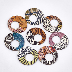 Mixed Color Printed Wooden Big Pendants, Flat Round with Animal Skin Pattern, Mixed Color, 60x3mm, Hole: 1.6mm