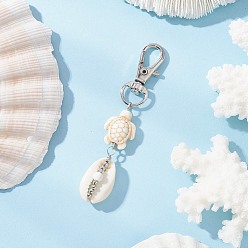 Белый Подвески из натуральных ракушек каури, с синтетическими бирюзовыми бусинами в виде черепахи и поворотными карабинами из сплава для украшения сумок, белые, 72~77 мм, Кулон : 45~48x14x10 мм, застежка : 31x12.5x5 mm